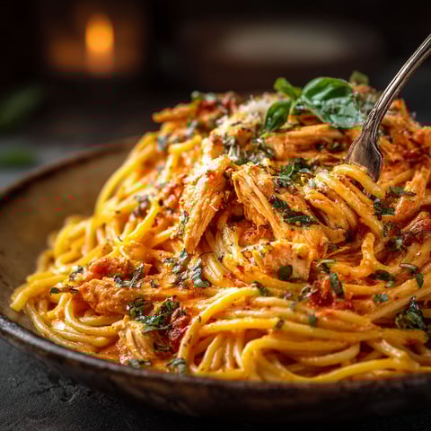 Une assiette de pâtes crémeuses avec des légumes et du poulet.