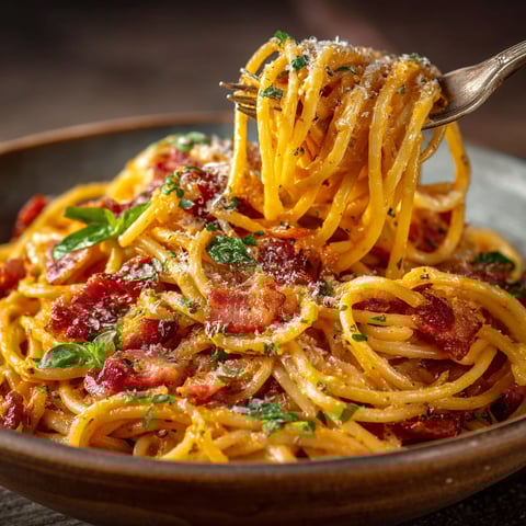 Une assiette de pâtes crémeuses à la tomate et lardons.