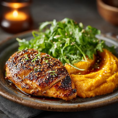 Poulet grillé avec purée de patates douces et salade.