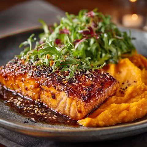 Saumon grillé avec purée de patates douces et salade.