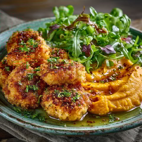 Une assiette de nuggets, purée de patates douces et salade.