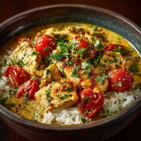 Poulet coco, curry & tomates cerises.
