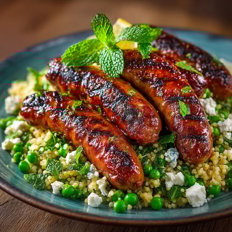 Chipolatas grillées avec semoule et petits pois.