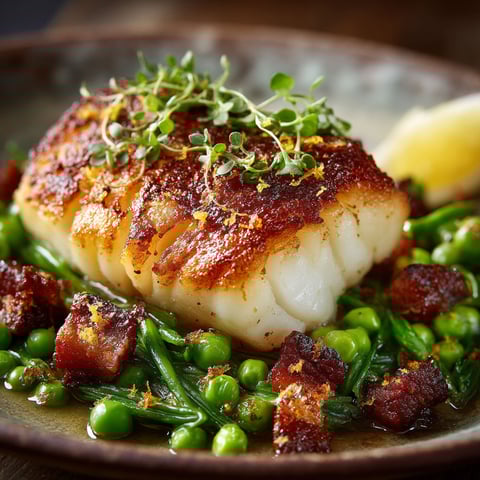 Cabillaud avec des petits pois et du lard.