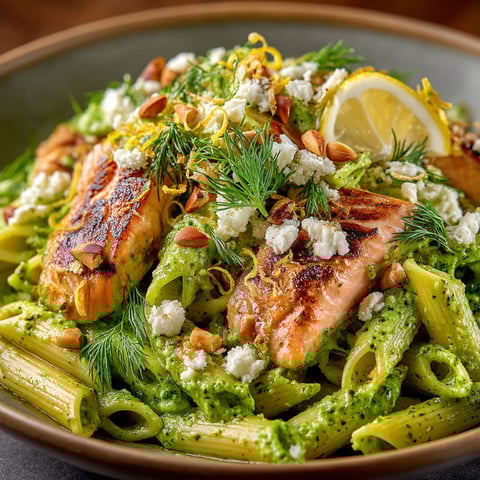 Pâtes pesto de petits pois & saumon.