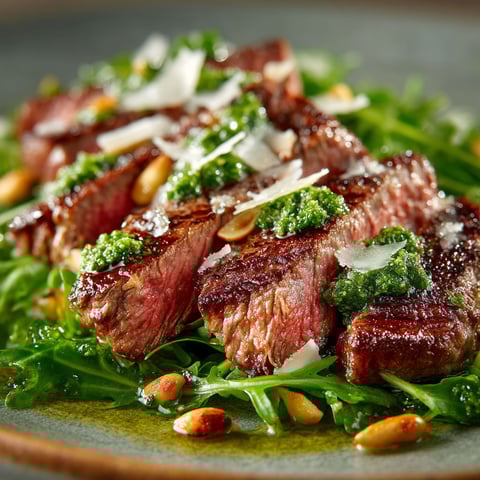 Steak grillé avec des légumes et des noix.