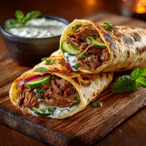 Wrap au bœuf braisé.