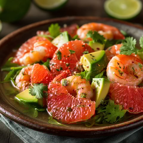 Salade de pamplemousse, avocat et crevettes.