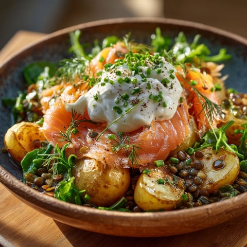 Un plat de saumon fumé avec des légumes verts.