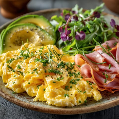 Un plat de œufs brouillés, jambon et avocat.