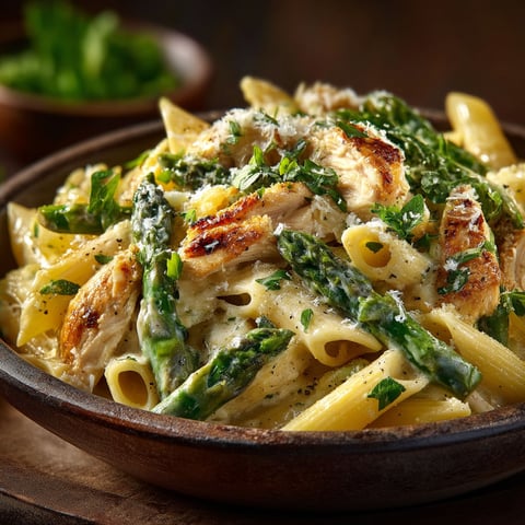 Penne au poulet, asperge et munster.