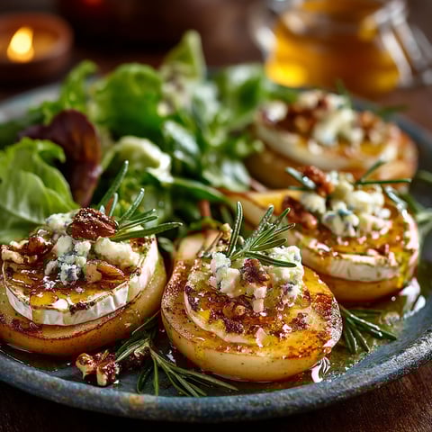Poires rôties au chèvre et miel.