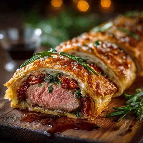 Un filet d'agneau en croûte aux tomates séchées.