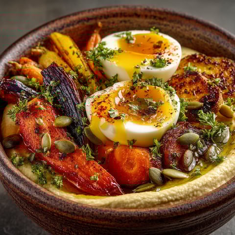 Un plat de légumes, œufs et houmous.