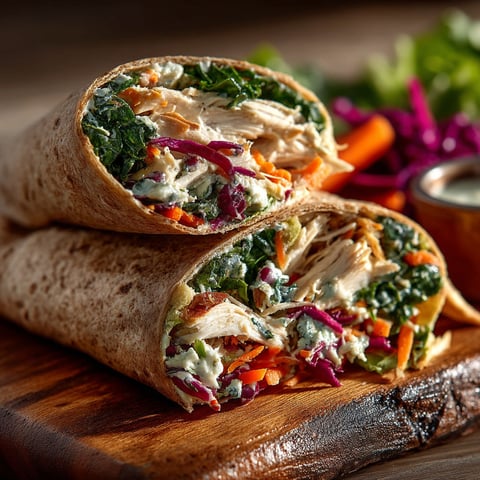 Wrap de poulet rôti, houmous et crudités d'hiver.
