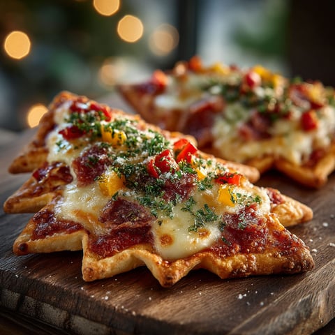 Mini pizza sapin sur une planche.