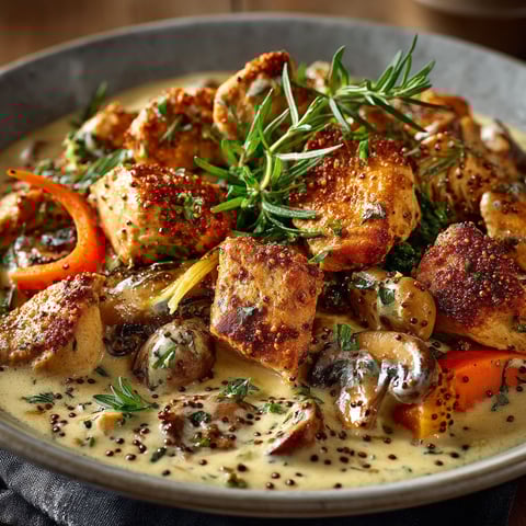 Sauté de dinde aux légumes d'automne & sauce crémeuse moutarde-estragon.