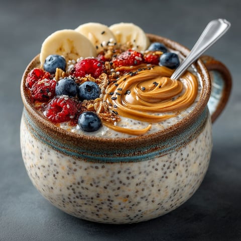 Un bol de céréales avec des bananes, des baies, des noix et du beurre d'amande.