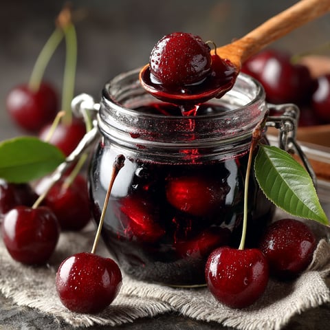 Bocaux de cerises au sirop.