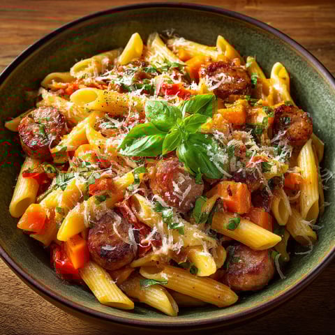 Un plat de macaroni avec des chorizas.