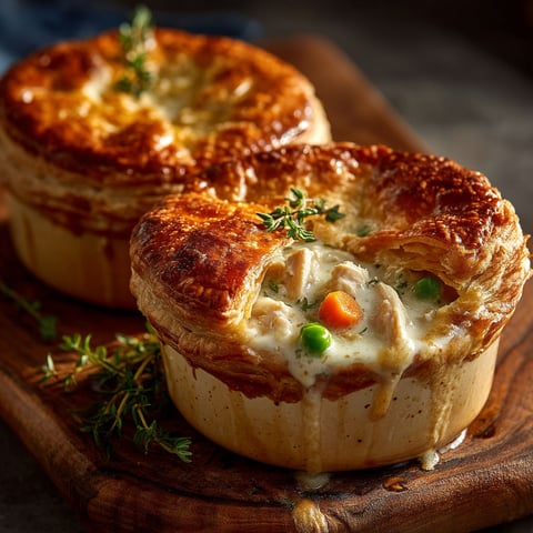 Chicken pot pies on a wooden board.