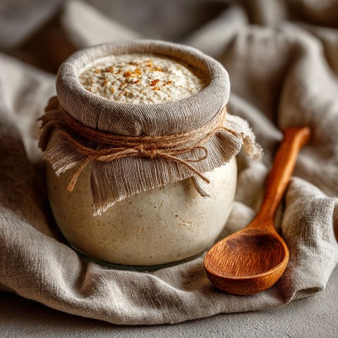 Un pot de levain Hermann sur un tissu.