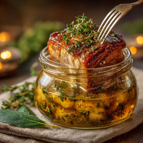 Un morceau de porc confit dans un bocal.