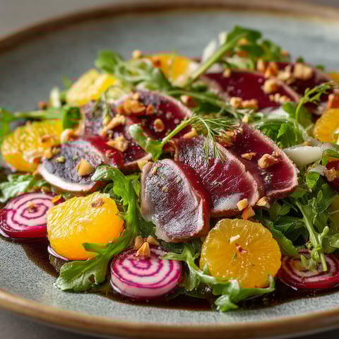 Une salade de magret séché avec des oranges et des épinards.