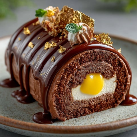 Une bûche praliné avec un citron et un glaçage miroir au cacao.