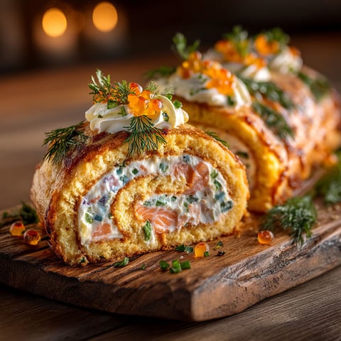 Une bûche salée au saumon est servie sur une table.