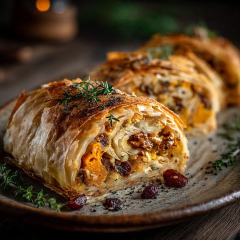 Un plat de strudel salé avec des fruits secs et du potimarron.