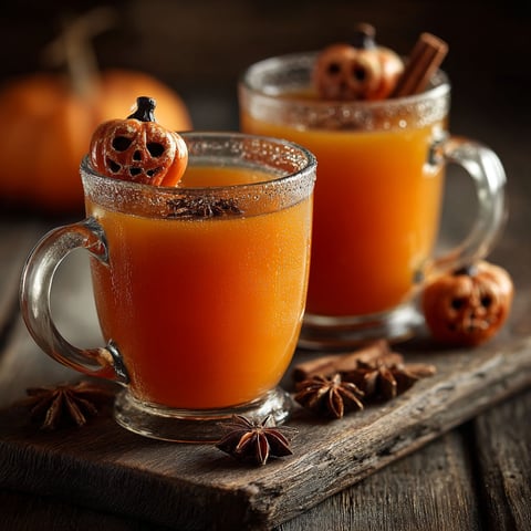 Jus de pomme chaud aux épices et aux têtes réduites pour Halloween.