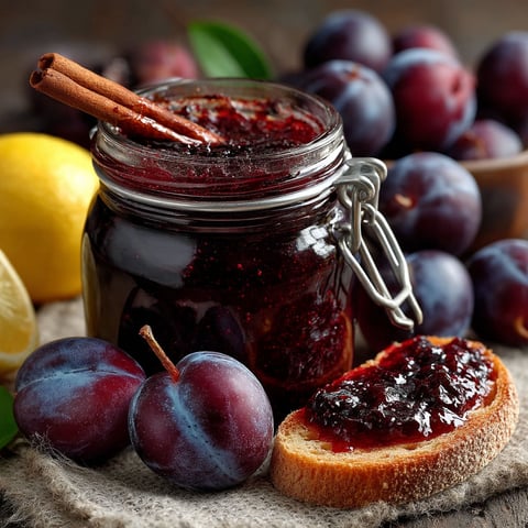 Une jarre de confiture maison contenant des quetsches.