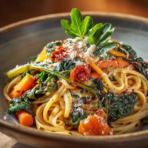 Une assiette de pâtes aux blettes et légumes.
