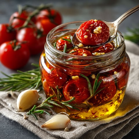 Bocaux de tomates confites à l'ail et au romarin.
