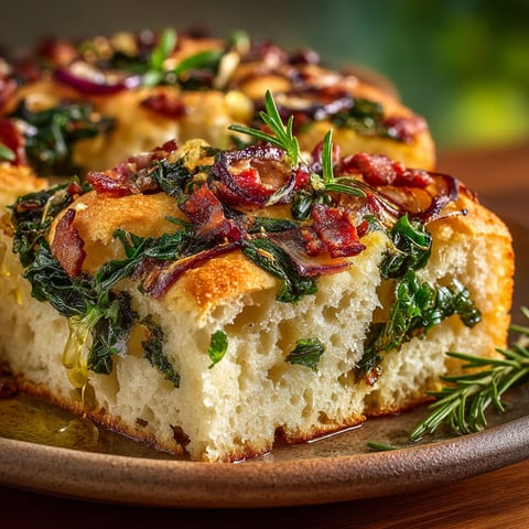 Une focaccia aux blettes et lardons sur un plateau.