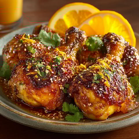 Chicken marinated in orange, soy and sesame.