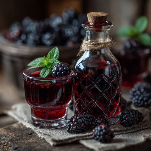 Une bouteille de crème de mûres maison.