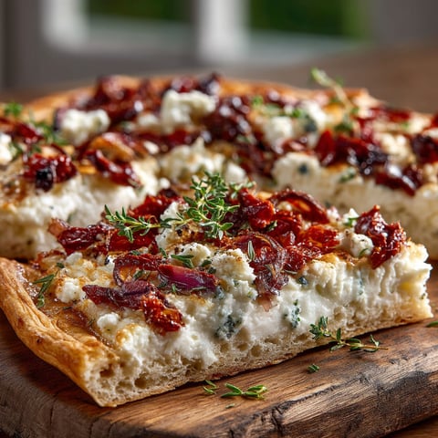 Une tarte flambée estivale aux tomates séchées et feta.