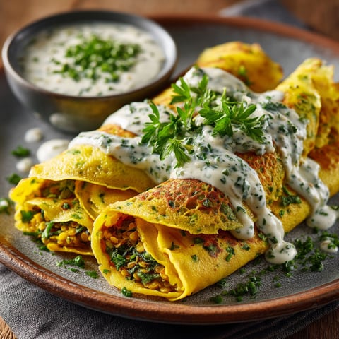 Crêpes aux lentilles jaunes et épinards, sauce aux herbes.