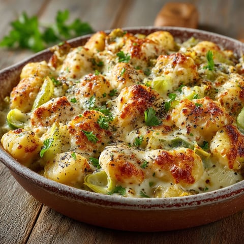 Gnocchis aux poireaux et poulet.