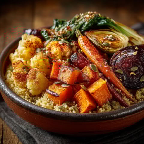 Une assiette de légumes rôtis et quinoa.