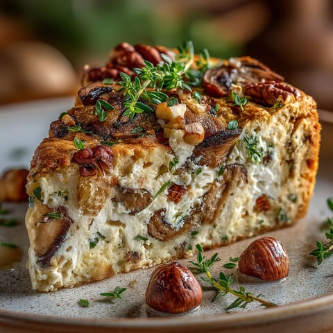 Une tranche de gâteau aux champignons, poireau et chèvre.