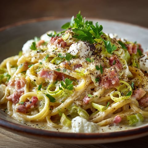 Pâtes au poireau, lardons & chèvre.