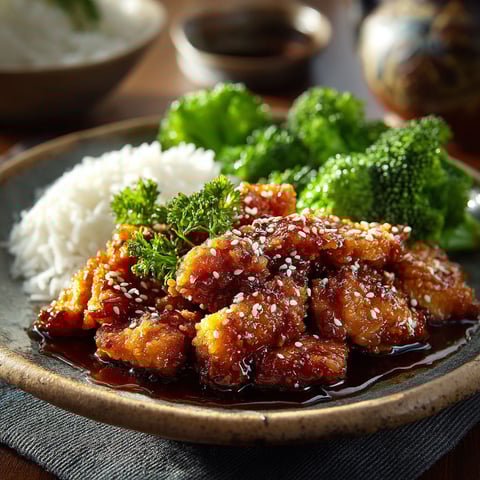 Poulet miel et sésame sur un plateau.