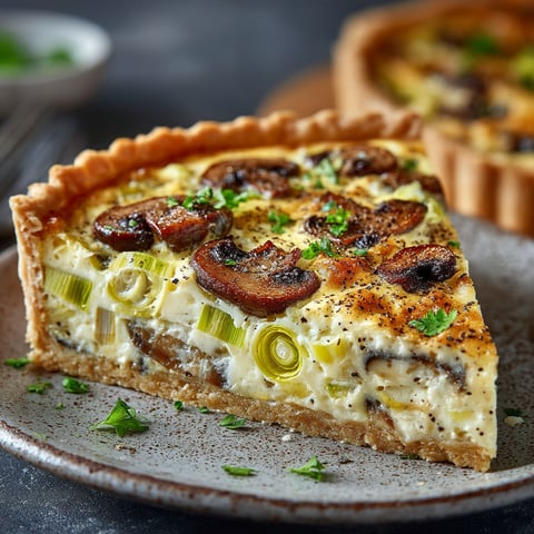 Une quiche aux poireaux et champignons est servie sur un plateau.