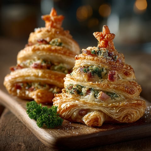 Feuilletés sapin sur une planche.