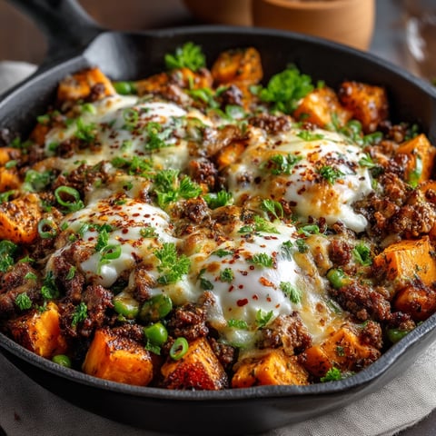 Poêlée de patates douces et viande hachée au fromage.