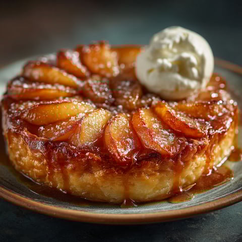 Une tarte tatin en cocotte sur un plateau.