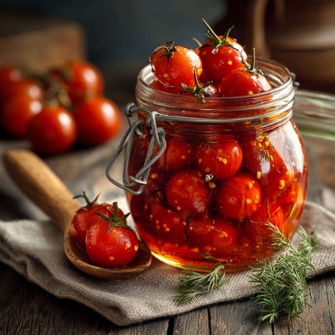 Un vase rempli de tomates cerises en saumure.